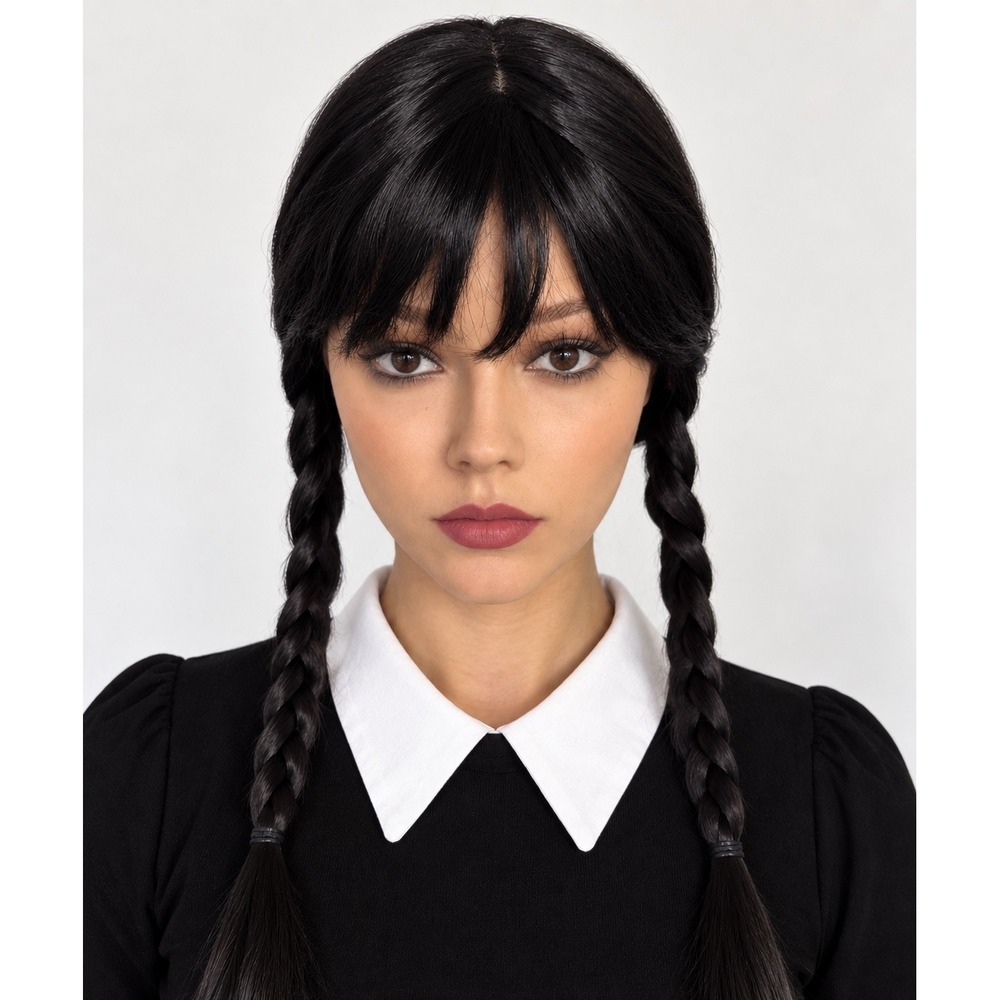 Wednesday Addams Wig Adult Black Braids Costume Halloween MGM Official Licensed